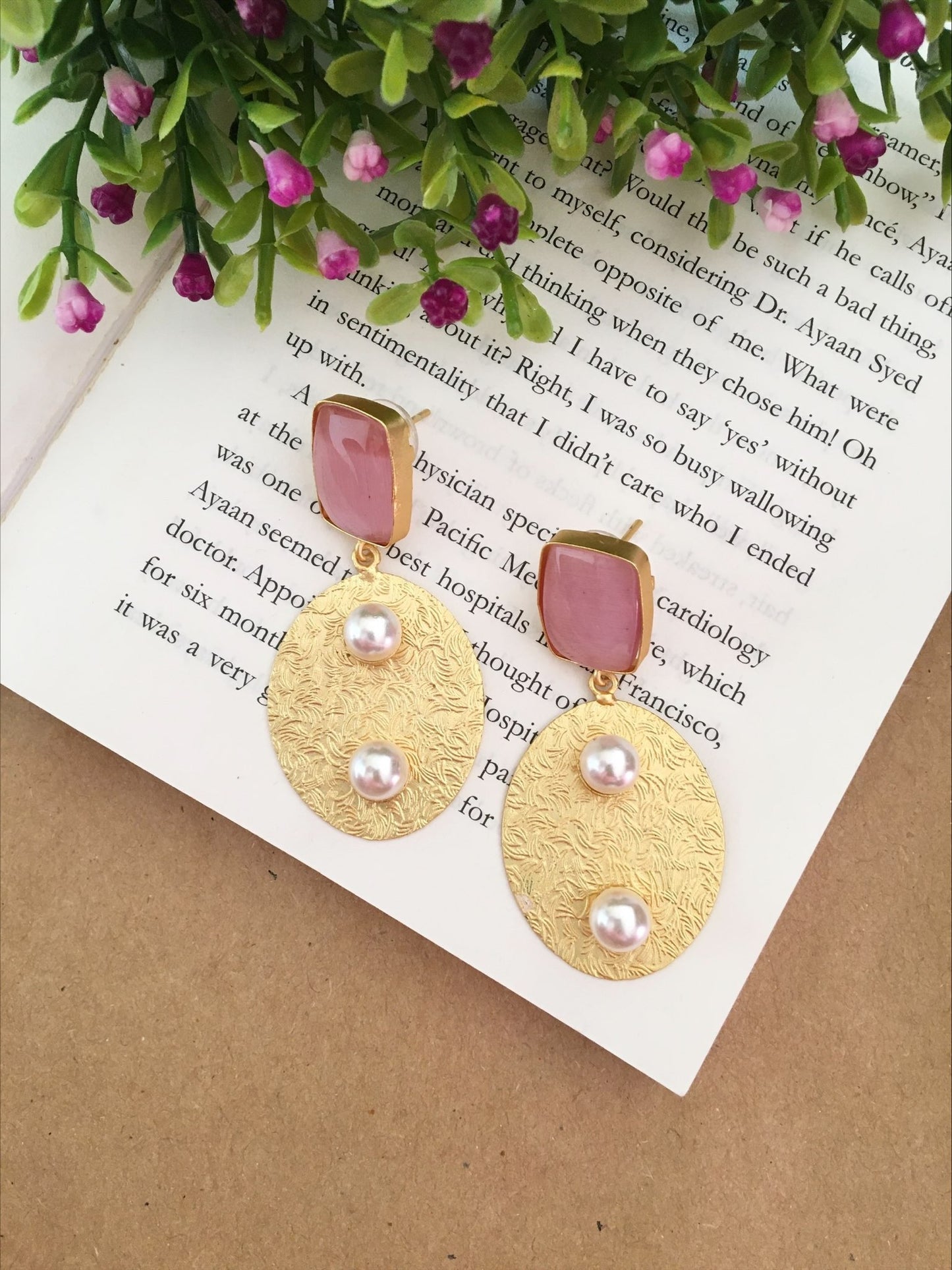 Circular Dotted Stone Drop Pearl Glossy Earrings