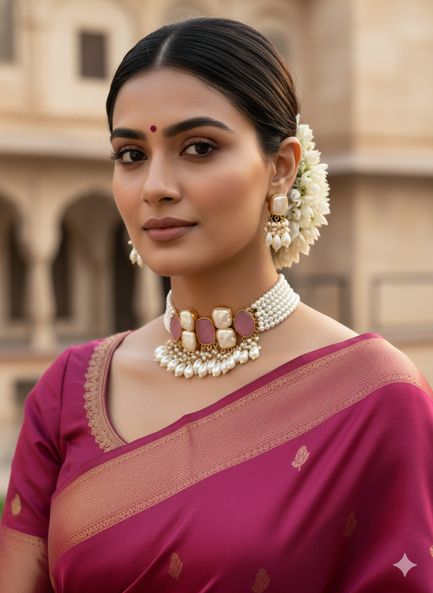 Elegant Pearl & Rose Stone Necklace Set