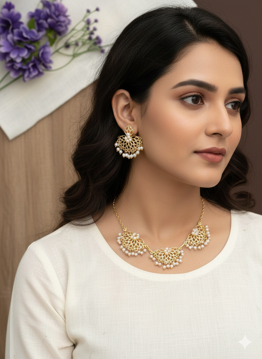 Gold Floral Pearl Necklace Set