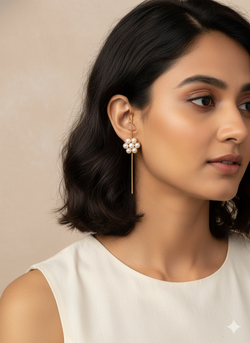 Minimalist Pearl Flower Linear Earrings