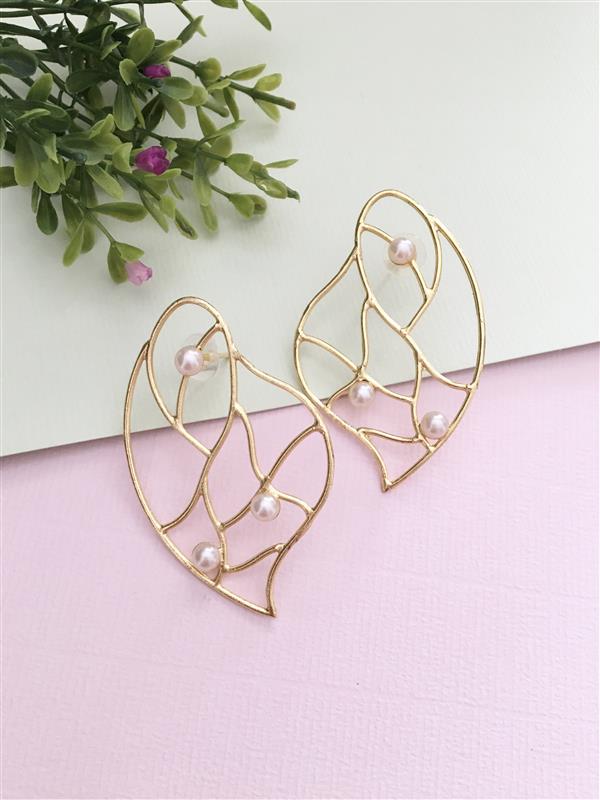 Golden Leaf With Pearls Stud Earring