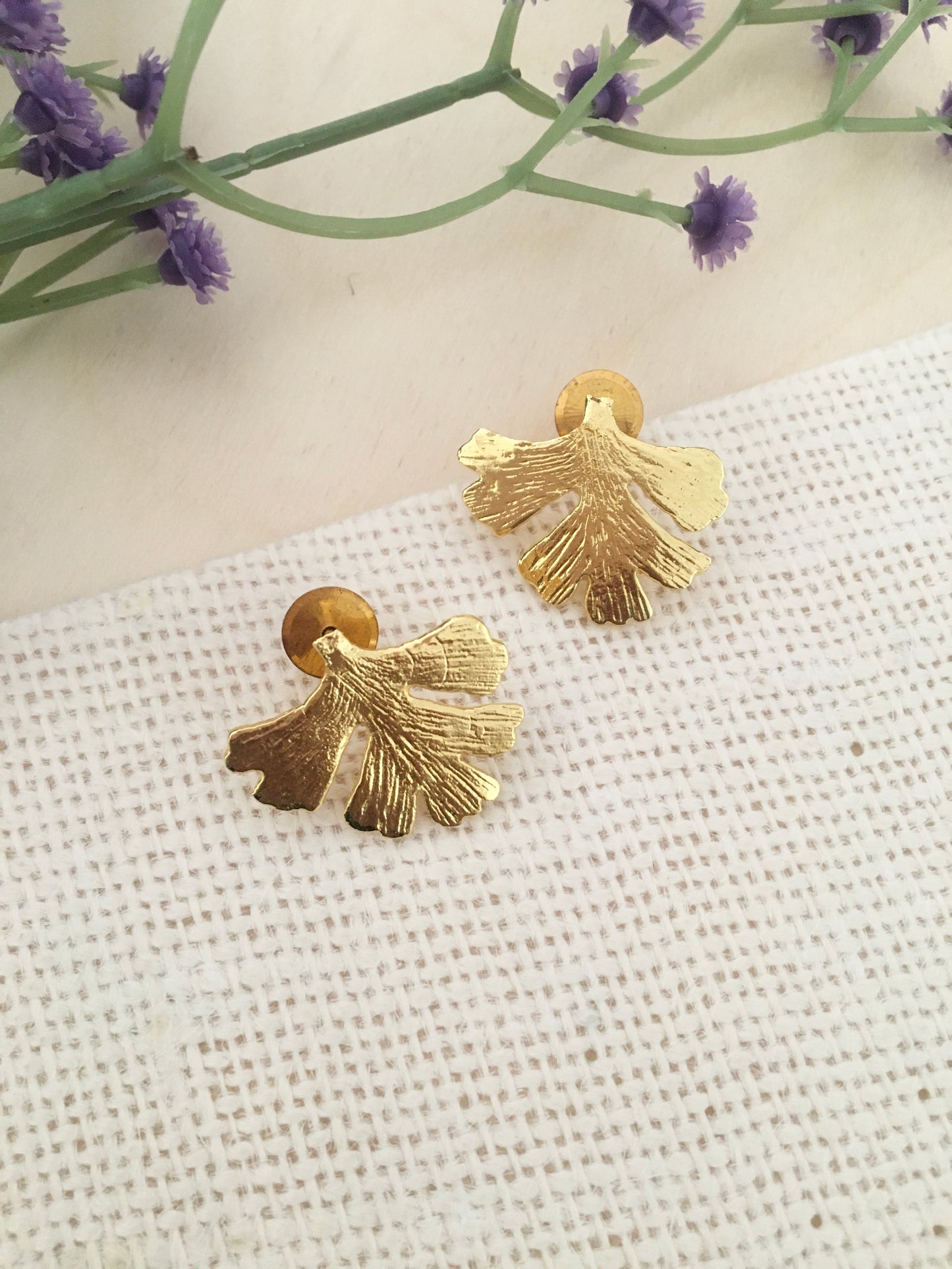 Golden Ginkgo Leaf Stud Earrings