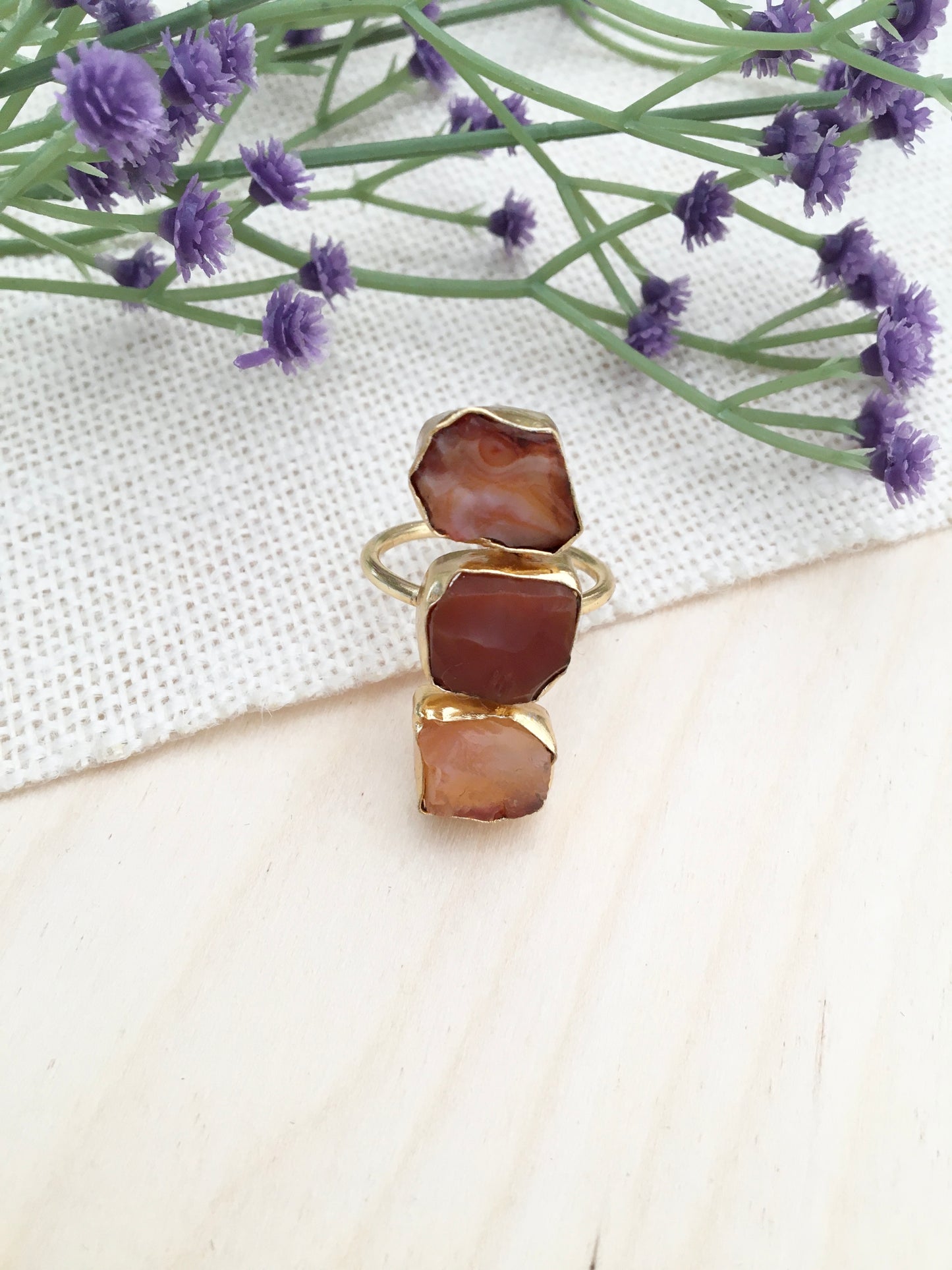 Triple Stone Natural Agate Statement Ring
