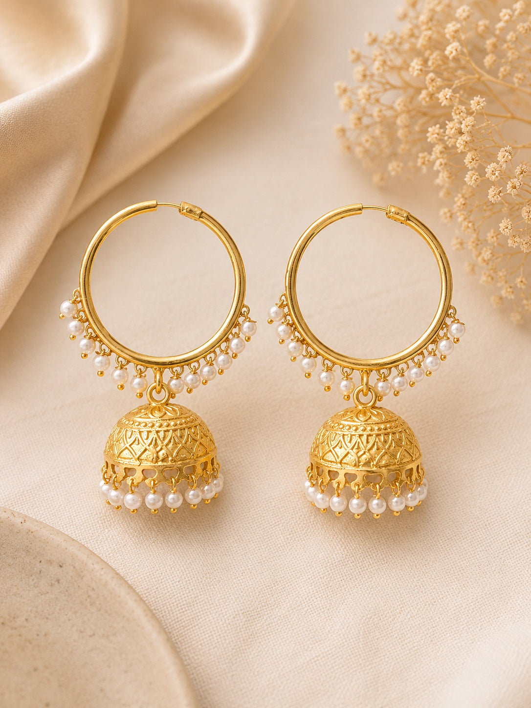 Golden Pearl Hoop Jhumkas