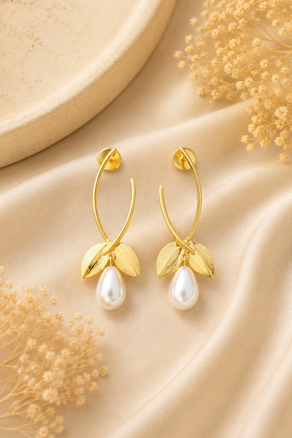 Golden Leaf Pearl Drop Earrings