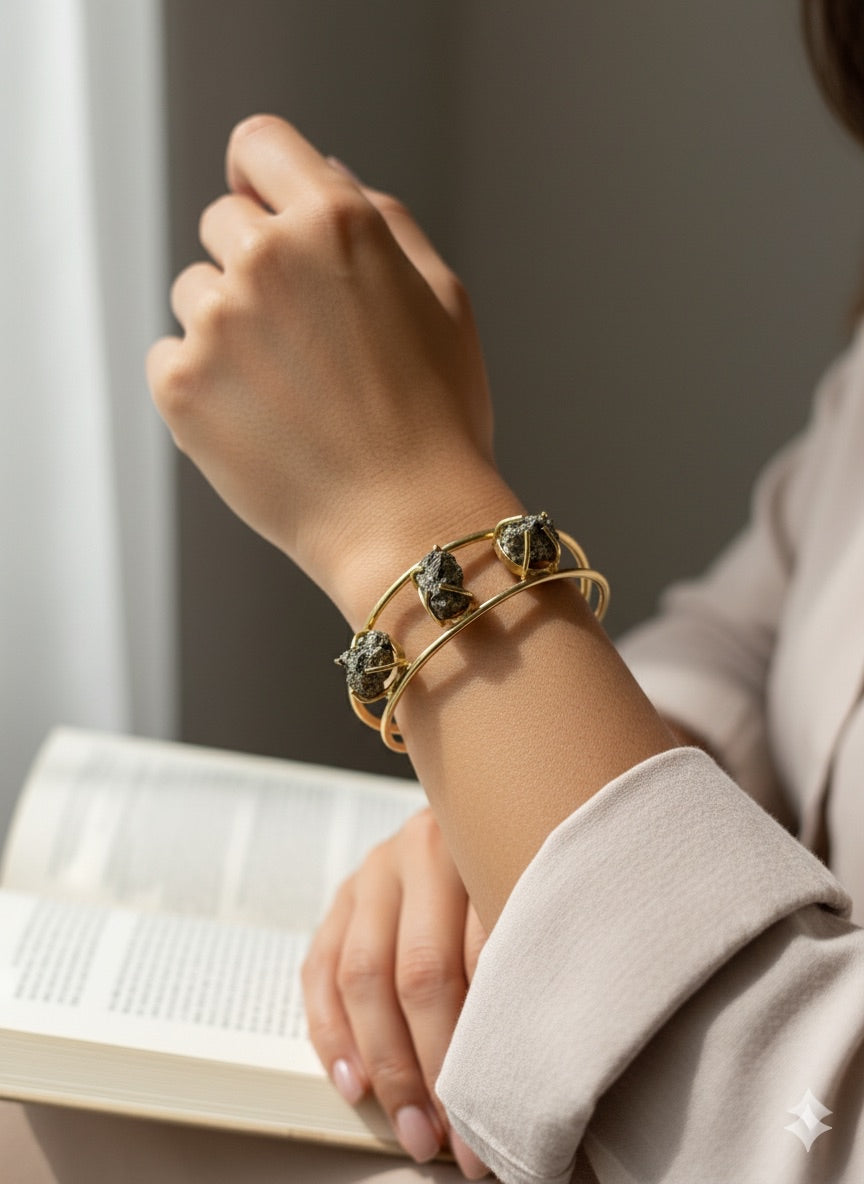 Raw Pyrite Double-Band Gold Cuff Bracelet