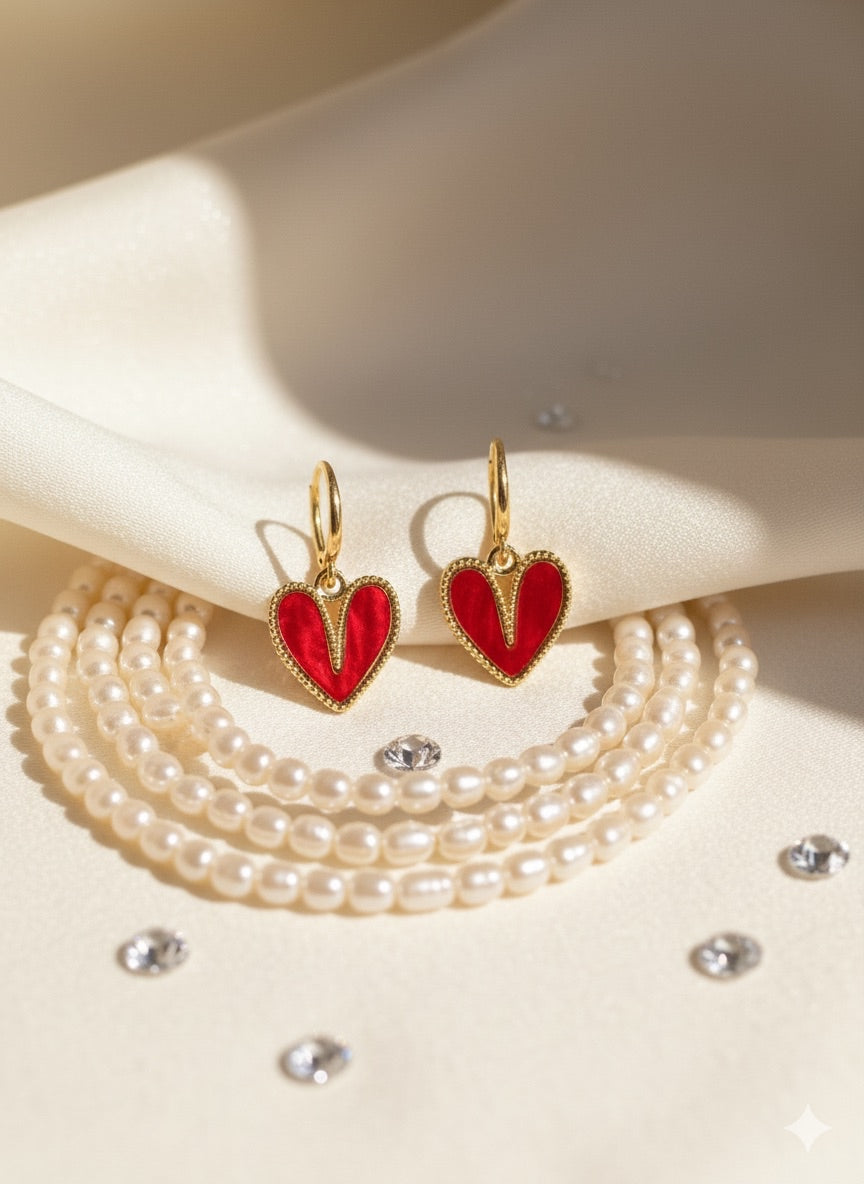 Golden Red Heart Enamel Drop Earrings