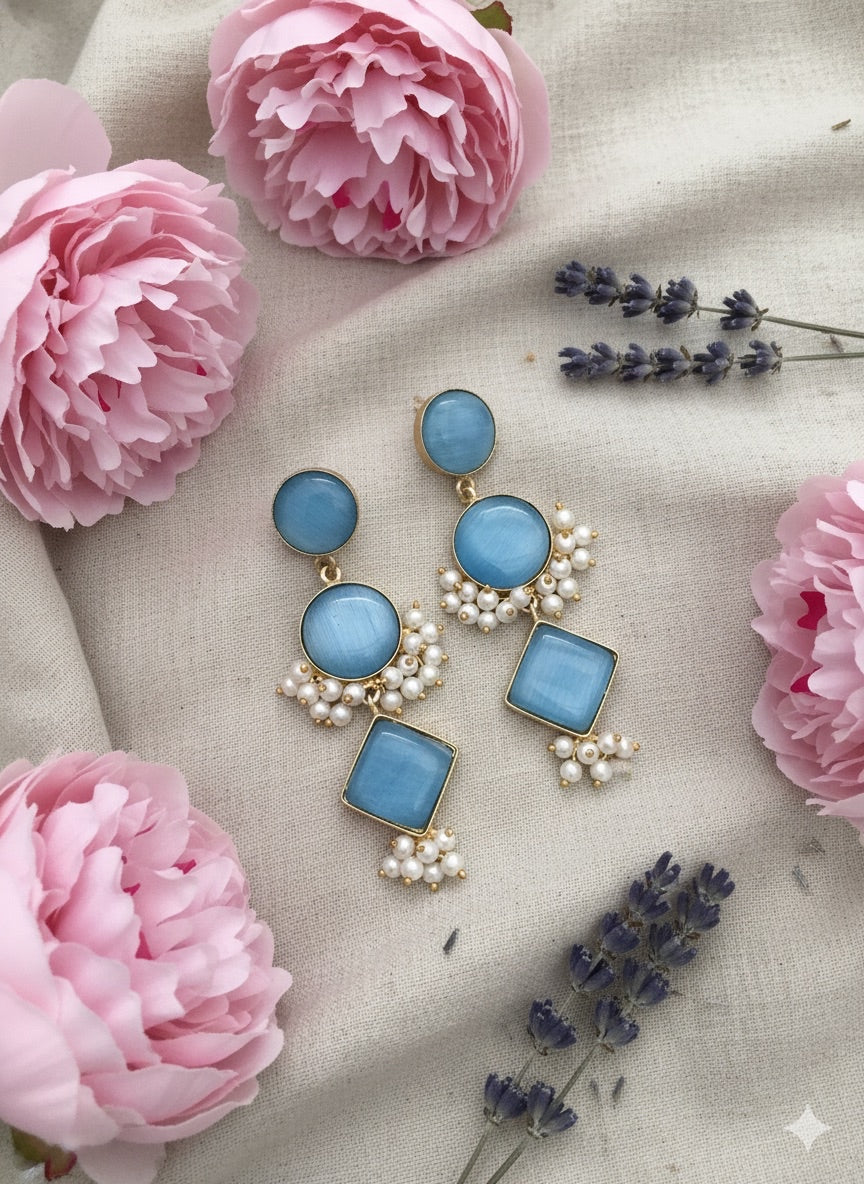 Blue Aurora Pearl Cluster Drop Earrings