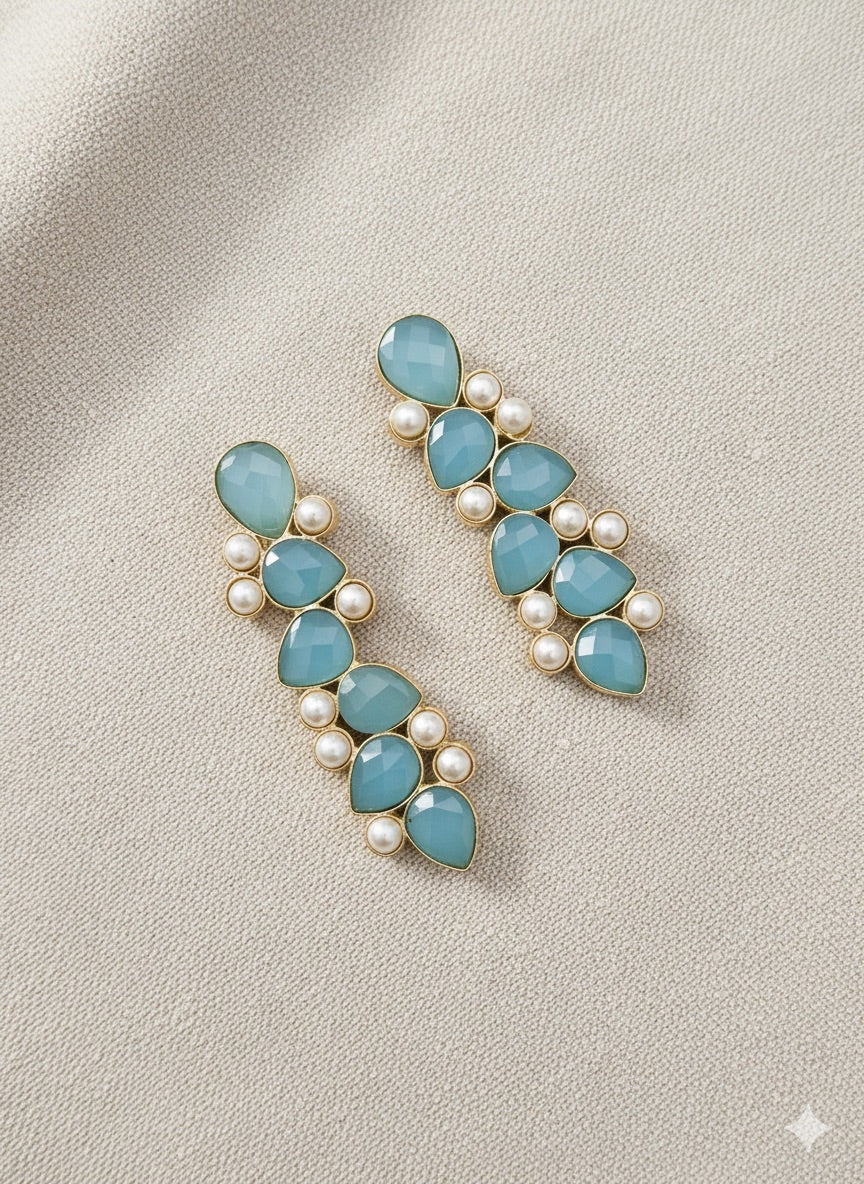Aqua Petal Pearl Cascade Earrings