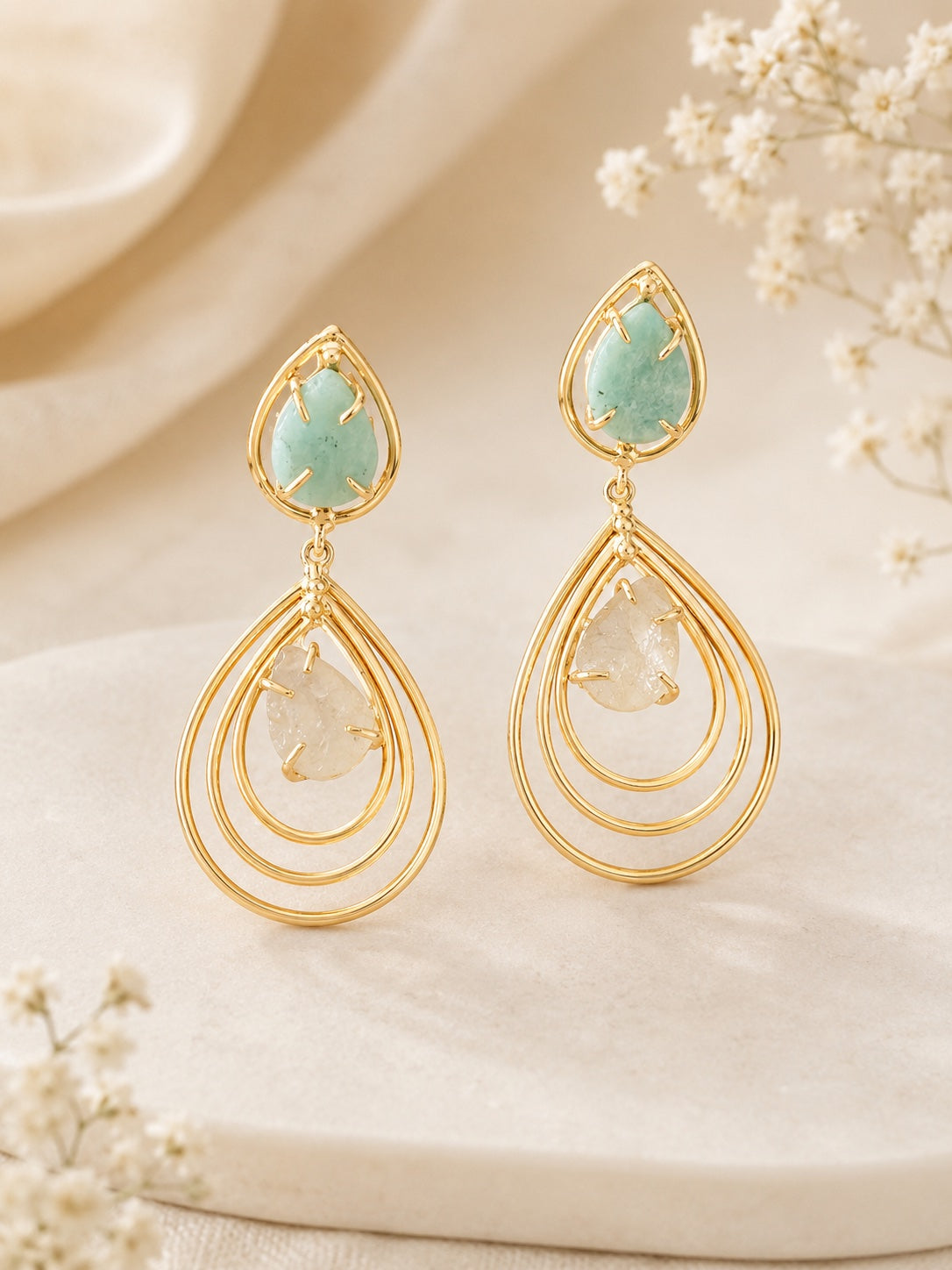 Golden Aqua Teardrop Statement Earrings | BlissByTakshvi