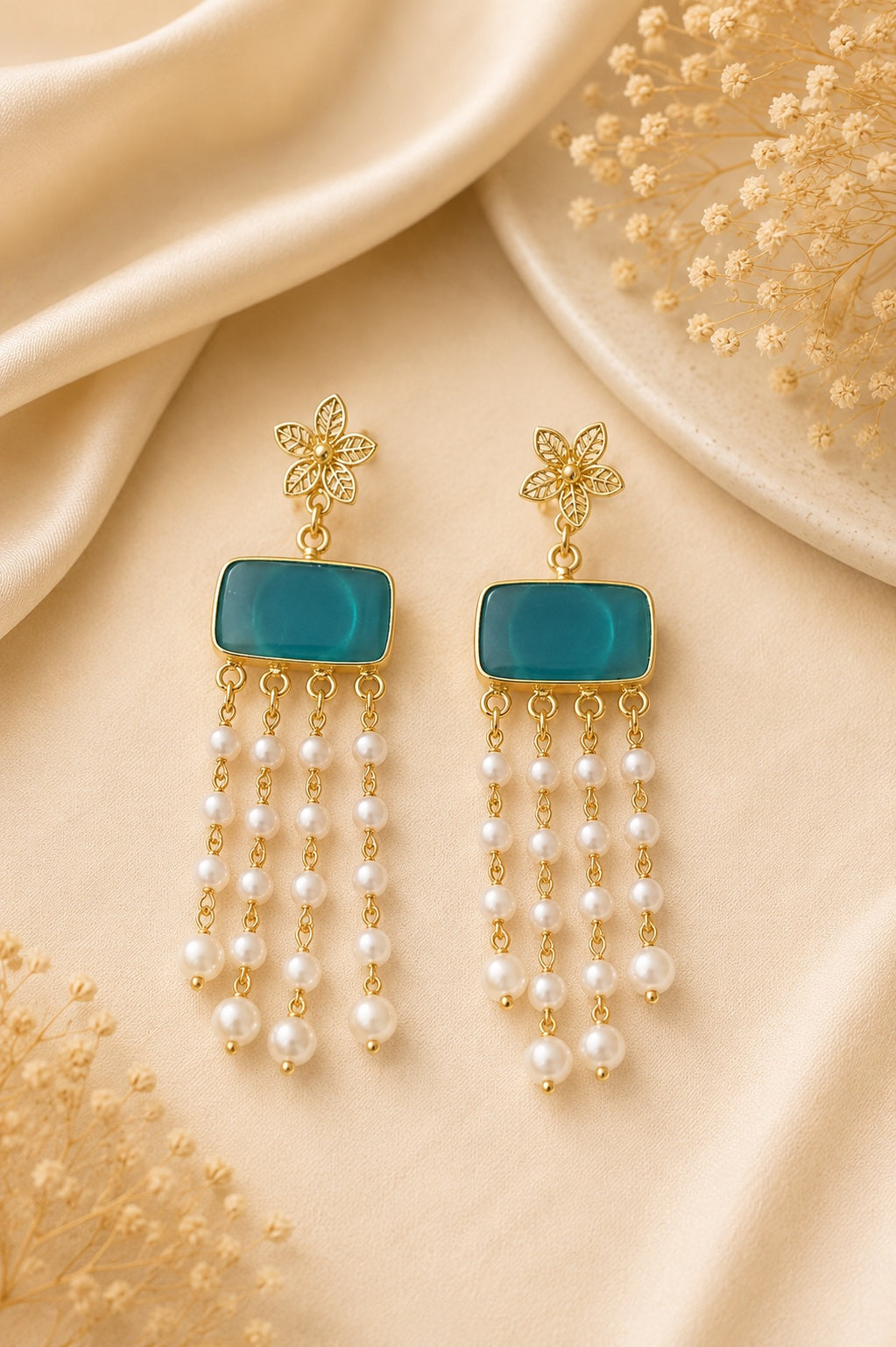Teal Pearl Tassel Earrings | BlissByTakshvi