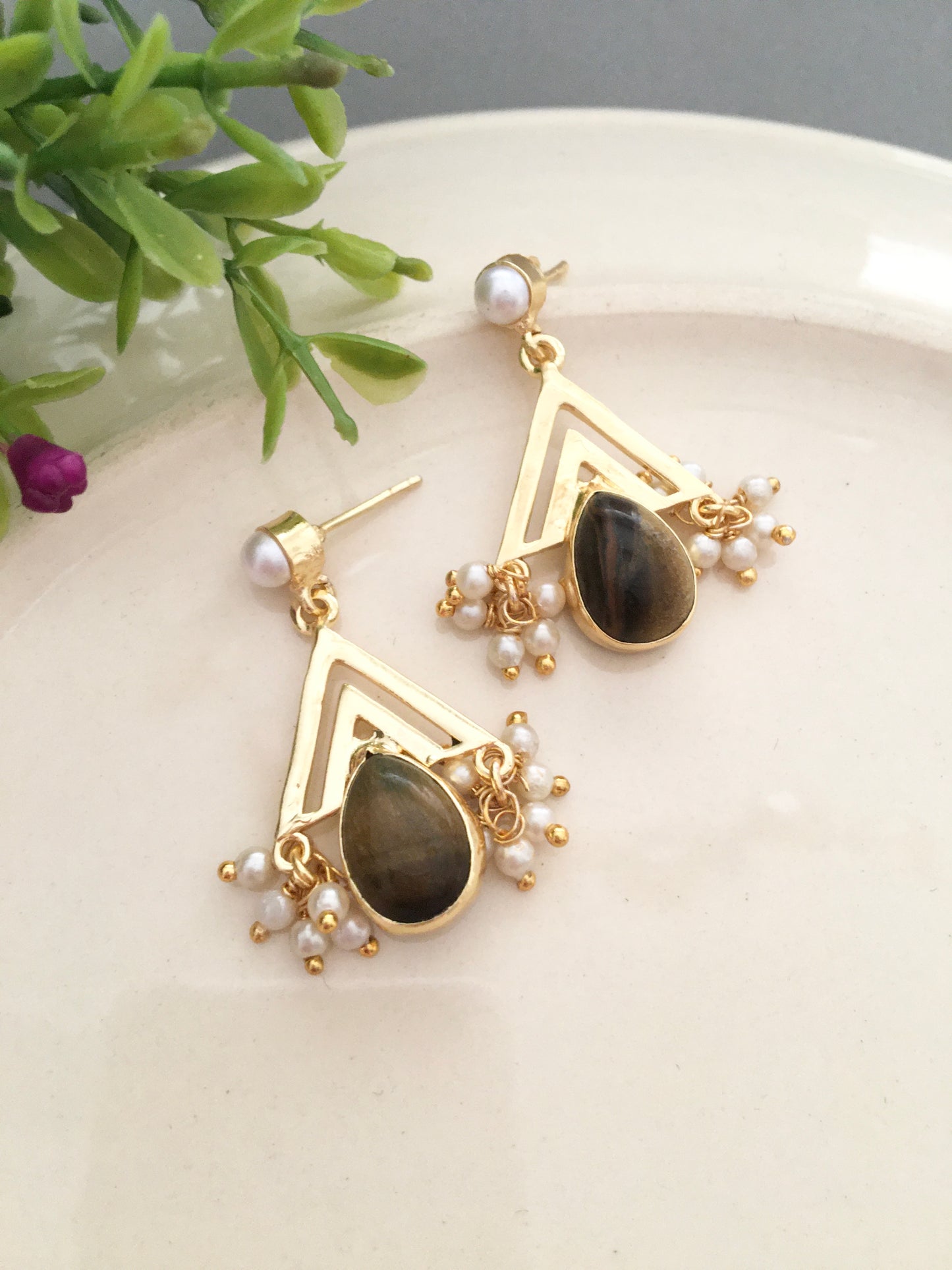 Geometric Triangle Drop Earrings with Natural Stone & Pearl Accents