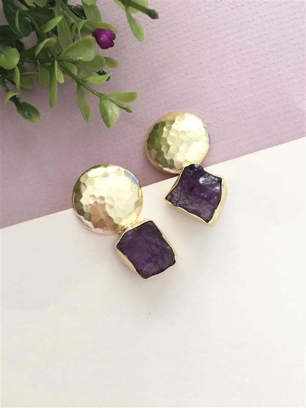 Rough Stone Round Hammered Stud Earring