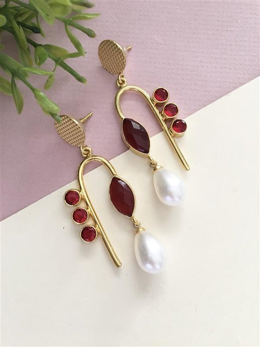 Golden Engraved Textured Pearl Drop Earring