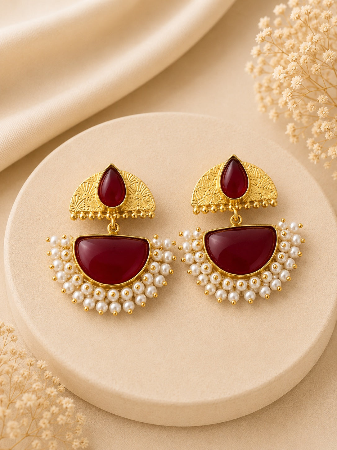 Crimson Pearl Fan Earrings | BlissByTakshvi