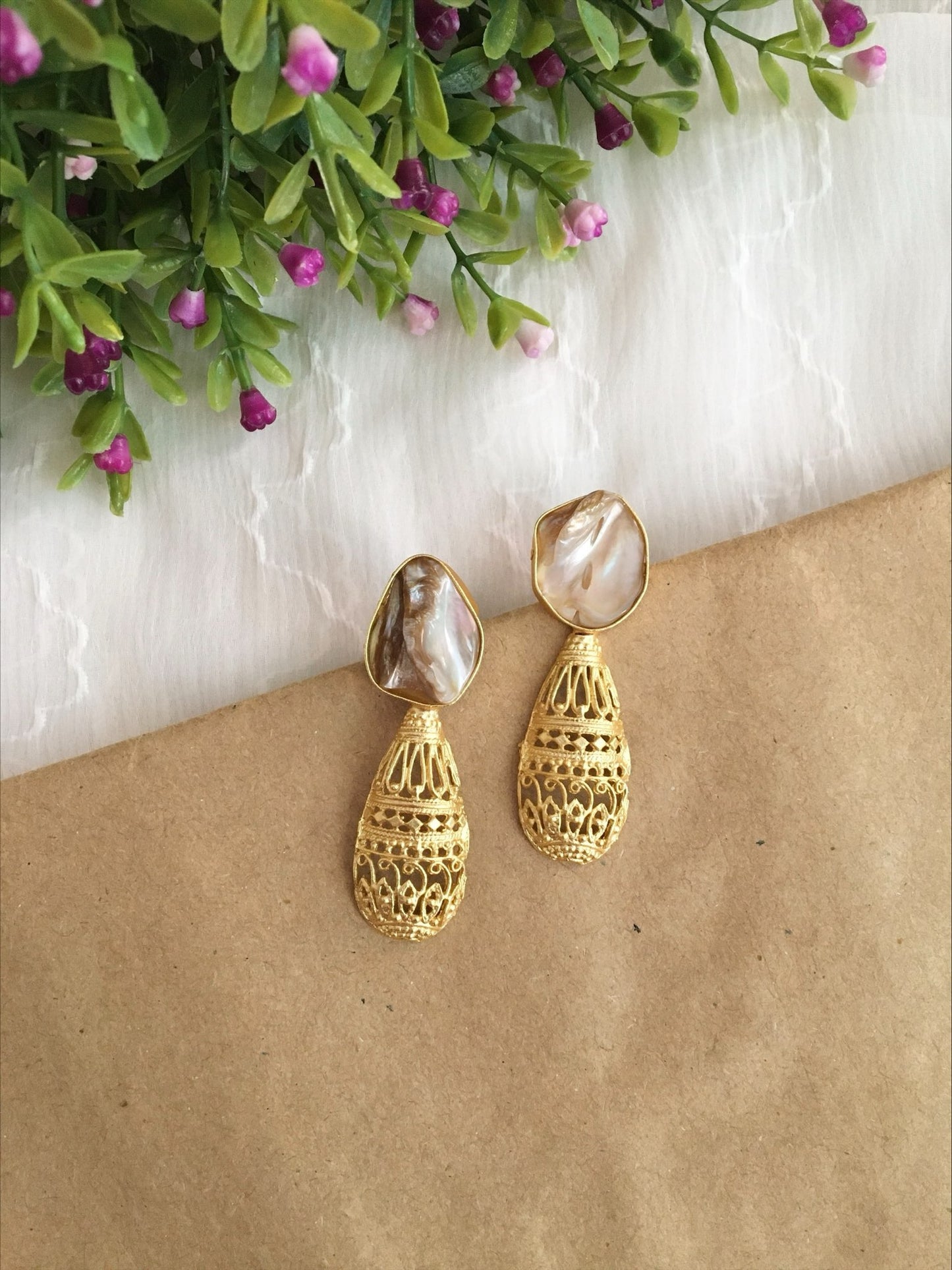 Samiksha Textured Drop Mother Of Pearl Earrings