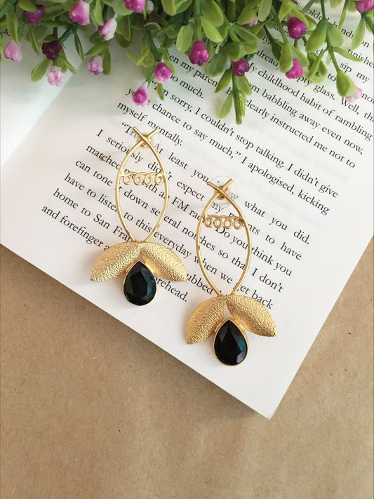 Golden Leaf Earrings with Natural Stone