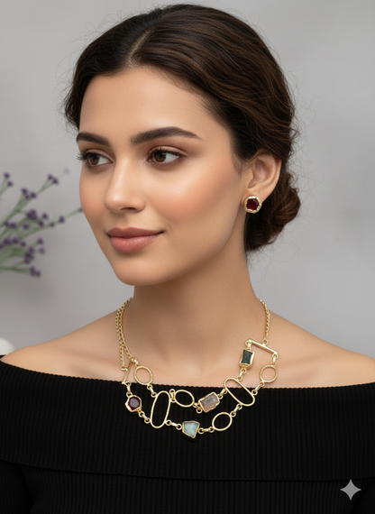 Aqua Stone Geometric Necklace & Stud Set