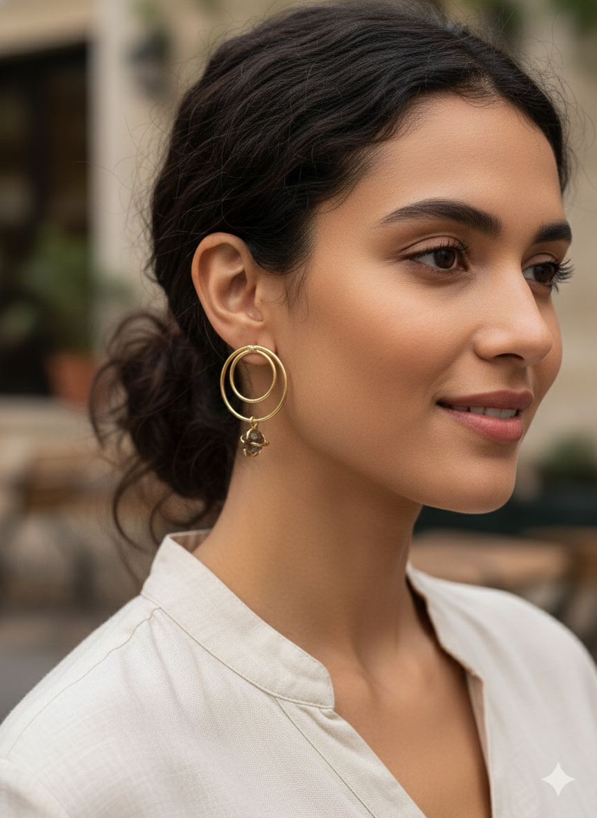 Gold Hoop Dangle Earrings with Raw Crystal