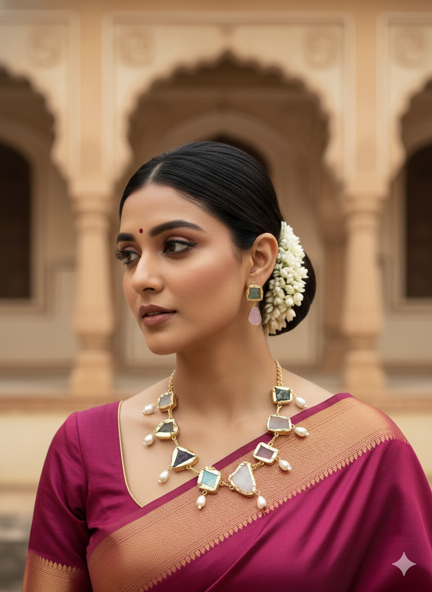 Multistone Pearl Drop Statement Necklace Set