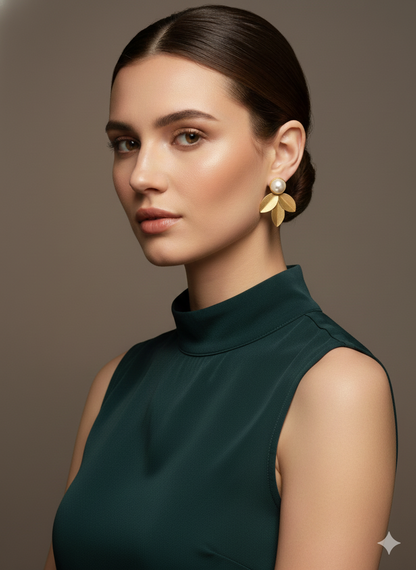 Pearl & Gold Leaf Stud Earrings