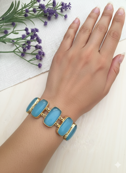 Blue Stone Link Bracelet with Gold Finish