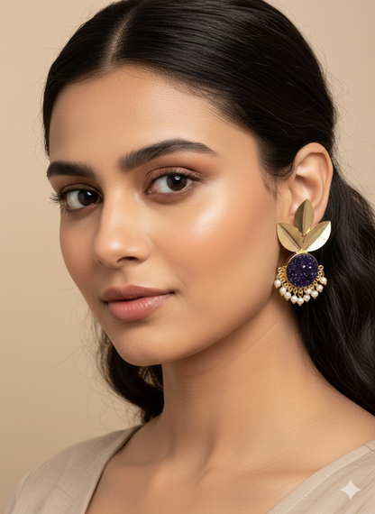 Navy Stone Leaf Earrings