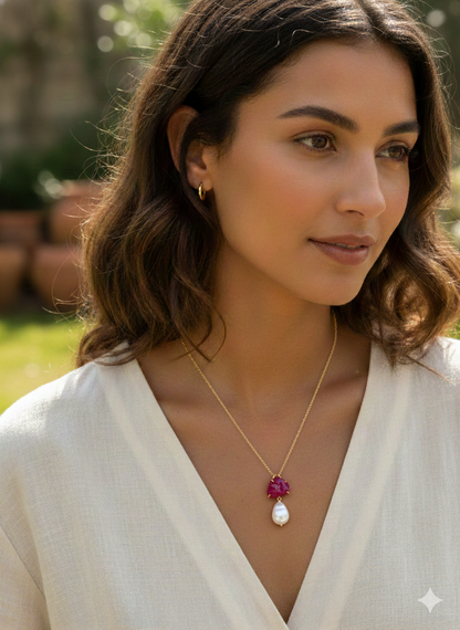 Red Stone & Pearl Drop Pendant Necklace
