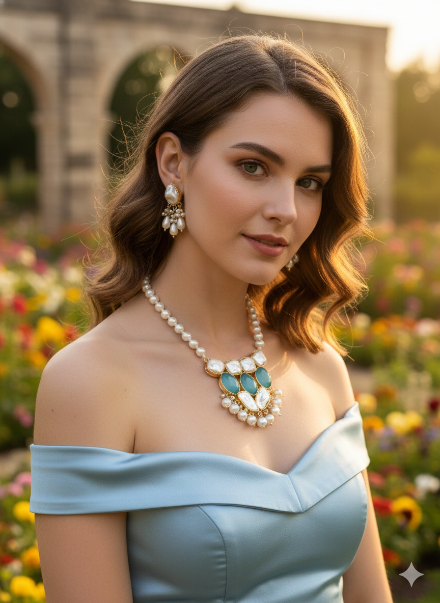 Emerald Pearl Drop Necklace Set