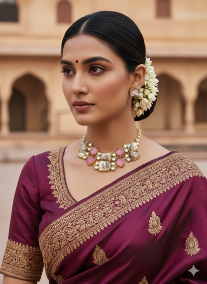 Blush Pearl & Rose Stone Statement Necklace Set