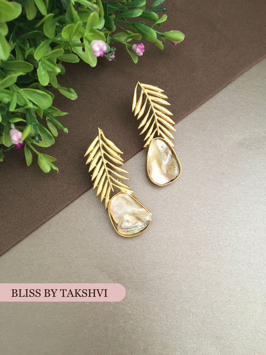 Golden Textured MOP Leaf Stud Earring