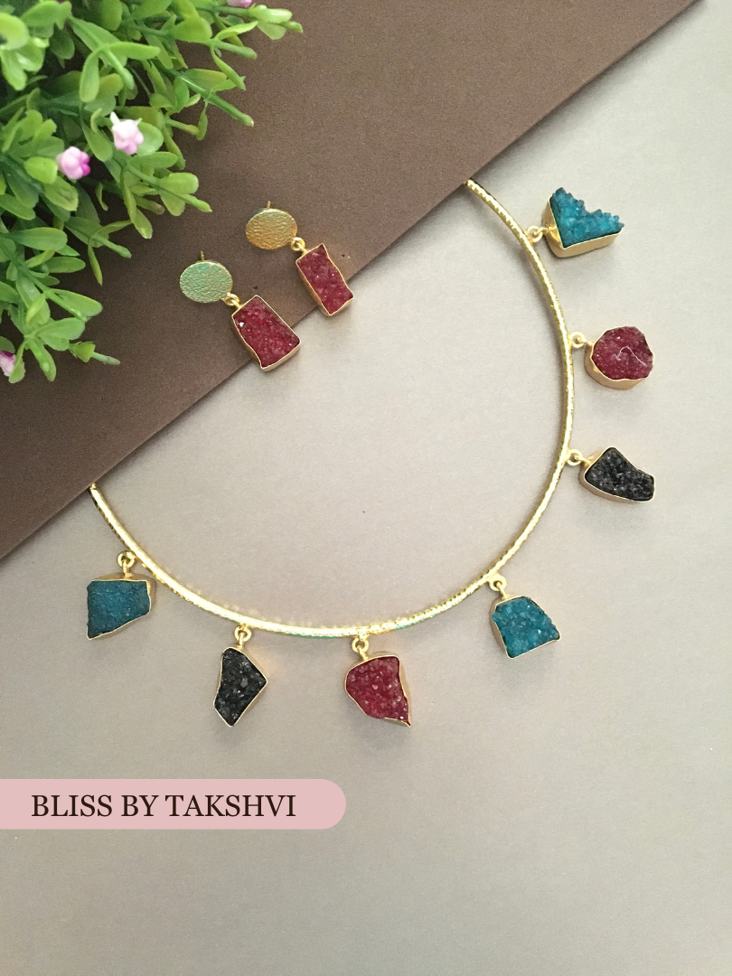 Golden Hasli With Multicoloured Raw Stone Necklace Set