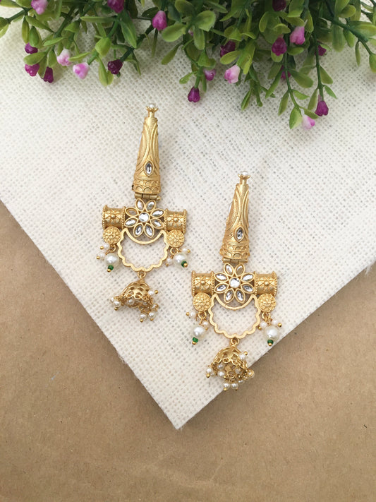 Fida Golden Kundan Jhumki Earrings