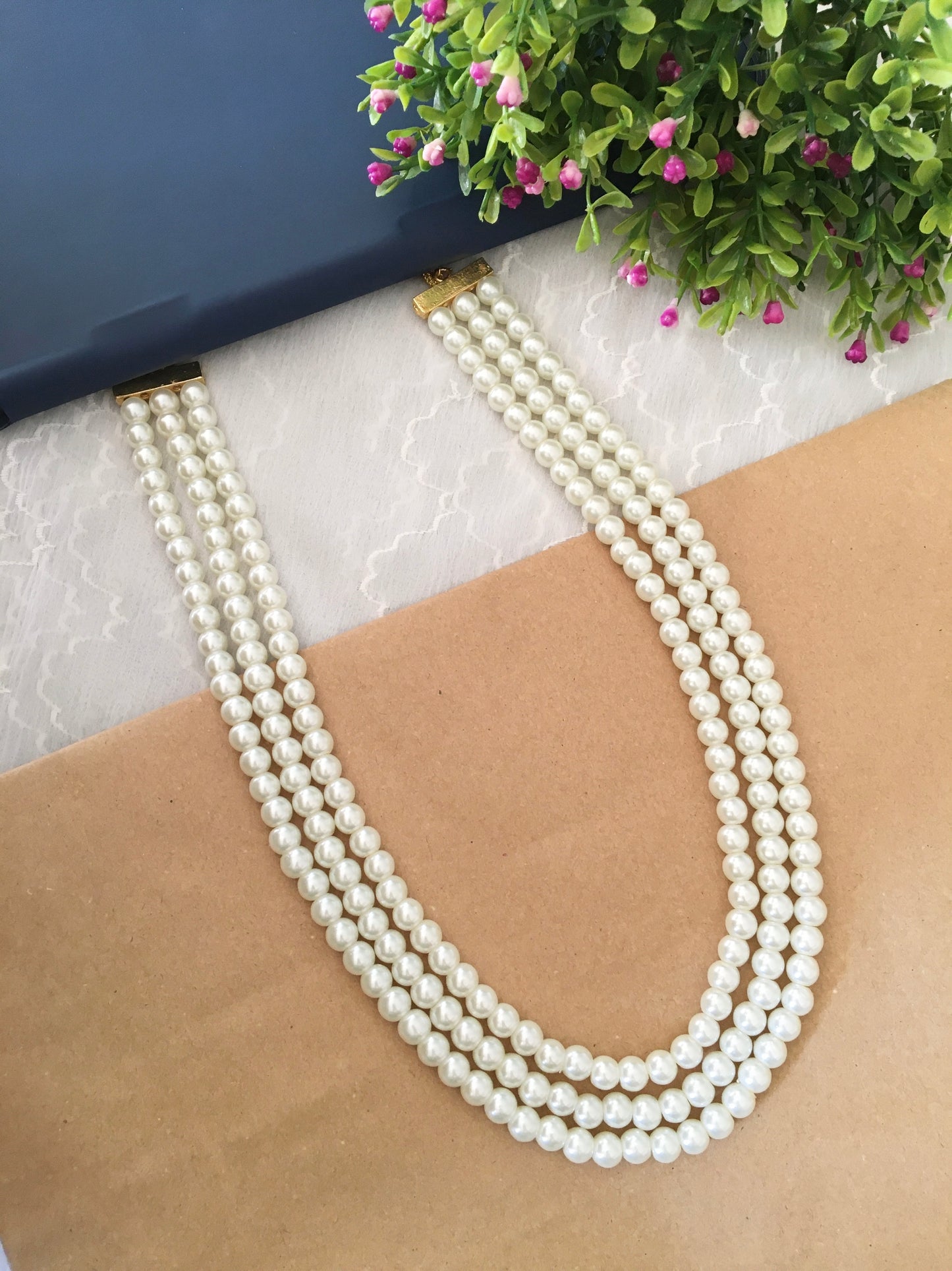 Trisha White Pearl Three Layer Mala