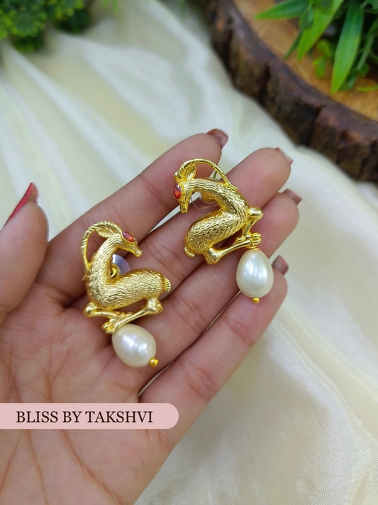 Golden Deer With Pearl Stud Earring