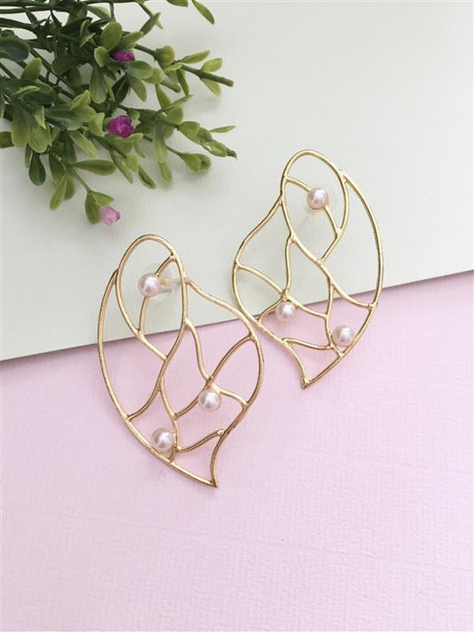 Golden Leaf With Pearls Stud Earring