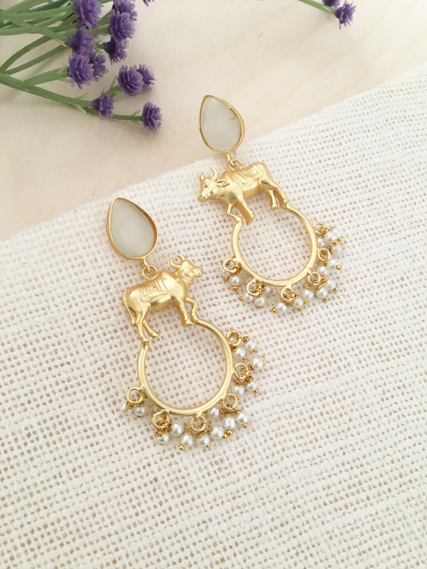 Divine Cow Motif Gold Dangle Earrings