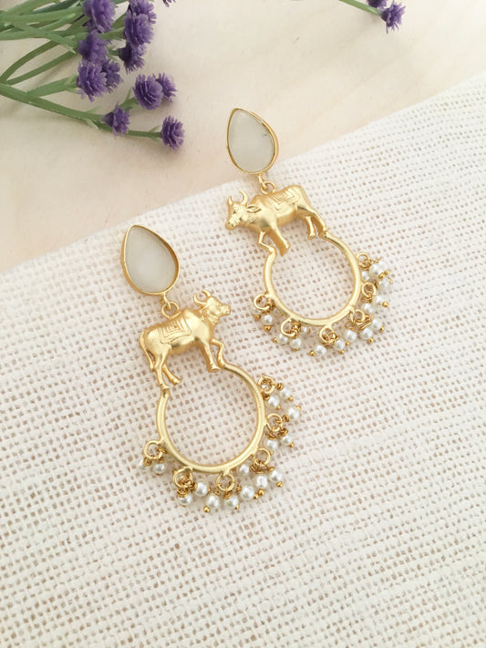 Divine Cow Motif Gold Dangle Earrings