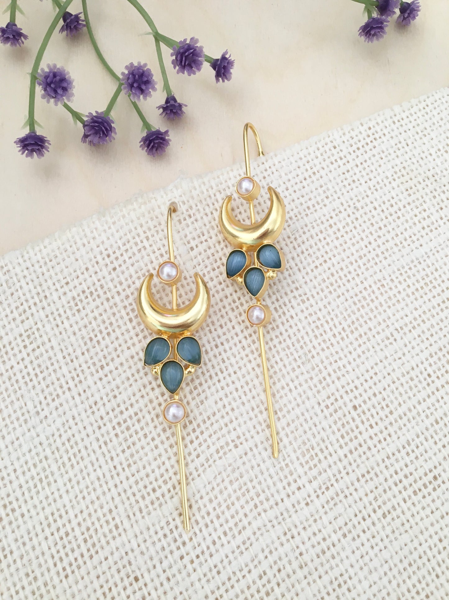 Elegant Crescent Moon & Blue Earrings