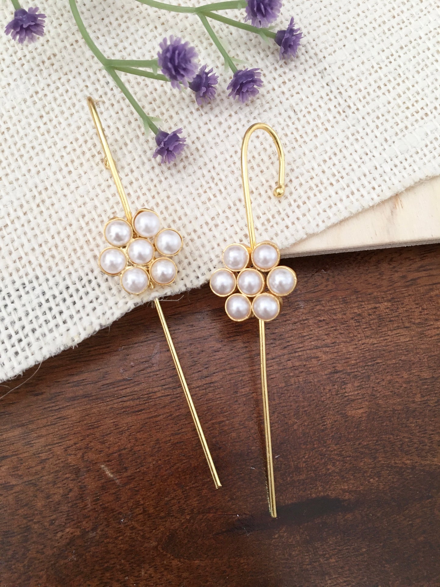 Minimalist Pearl Flower Linear  Earrings