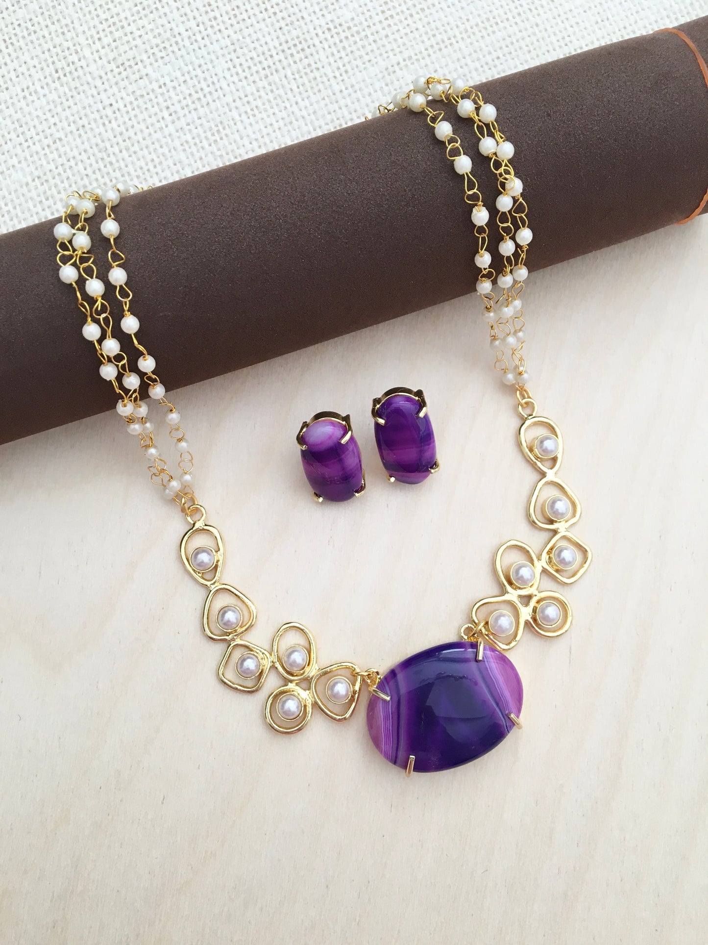 Purple Agate Necklace Set with Earrings