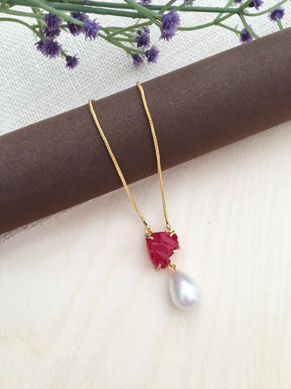 Red Stone & Pearl Drop Pendant Necklace
