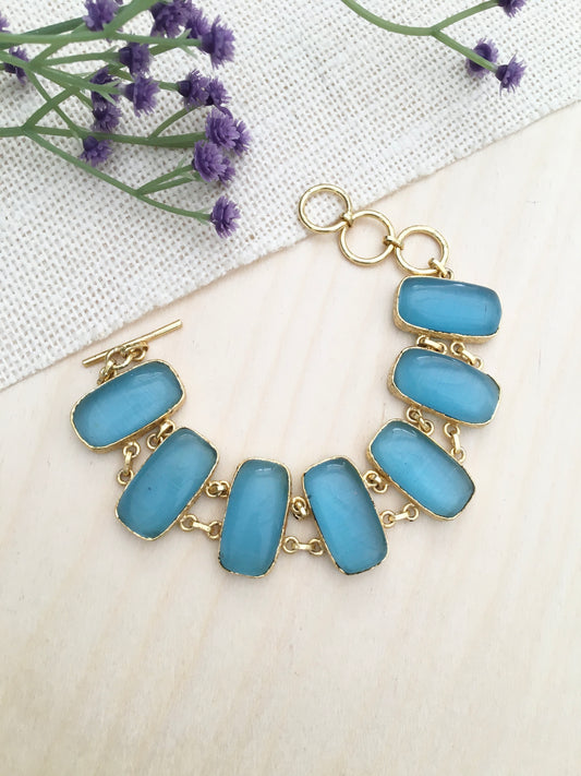 Blue Stone Link Bracelet with Gold Finish