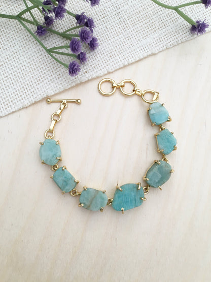 Raw Aqua Stone Bracelet with Gold Finish