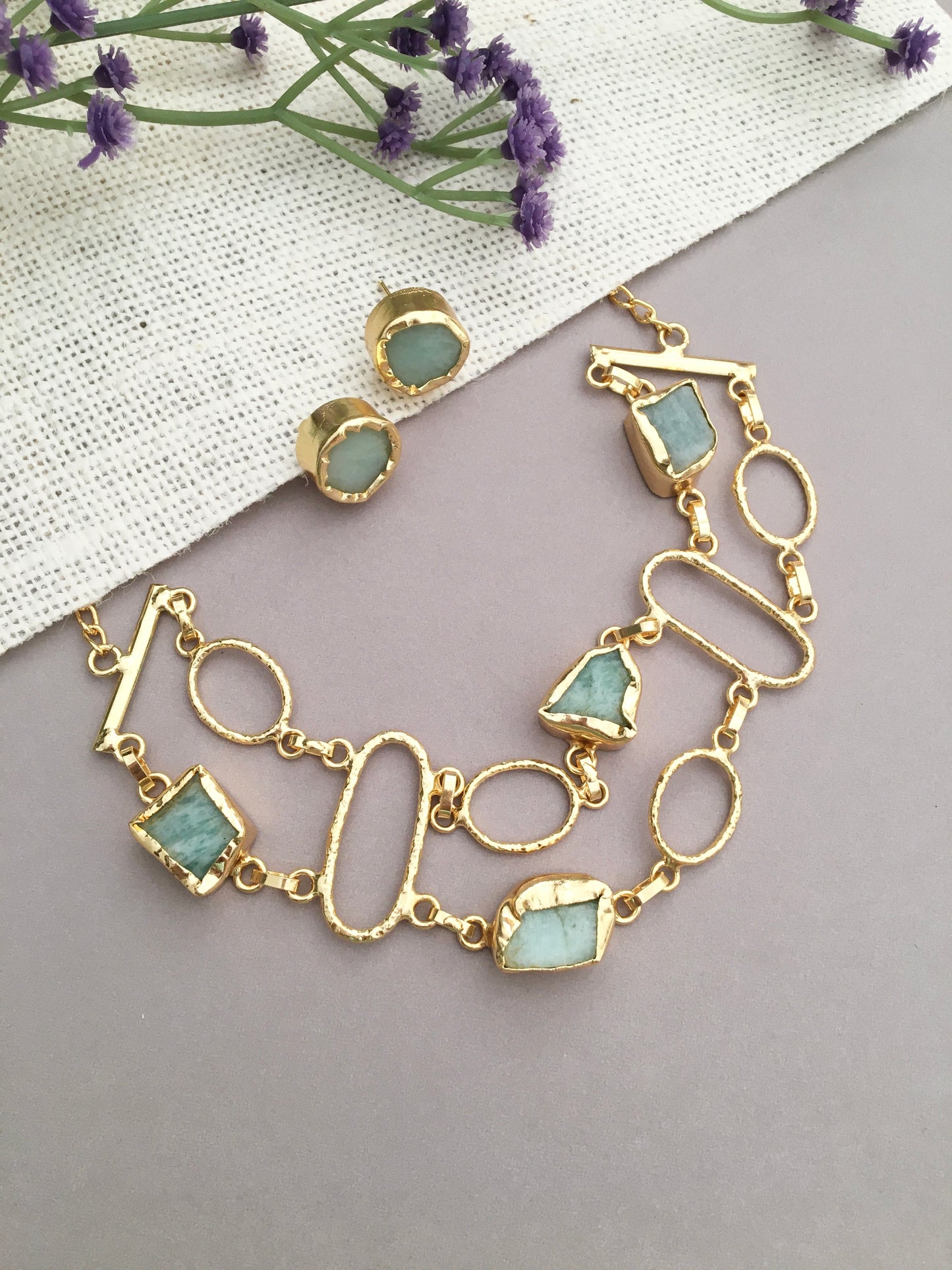 Aqua Stone Geometric Necklace & Stud Set