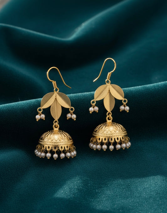 Gold-Plated Jhumka Earrings with Pearl Drops