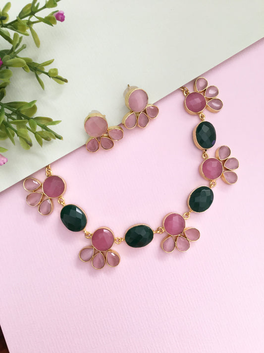Vaidahi Glass Stone Flower Choker Necklace