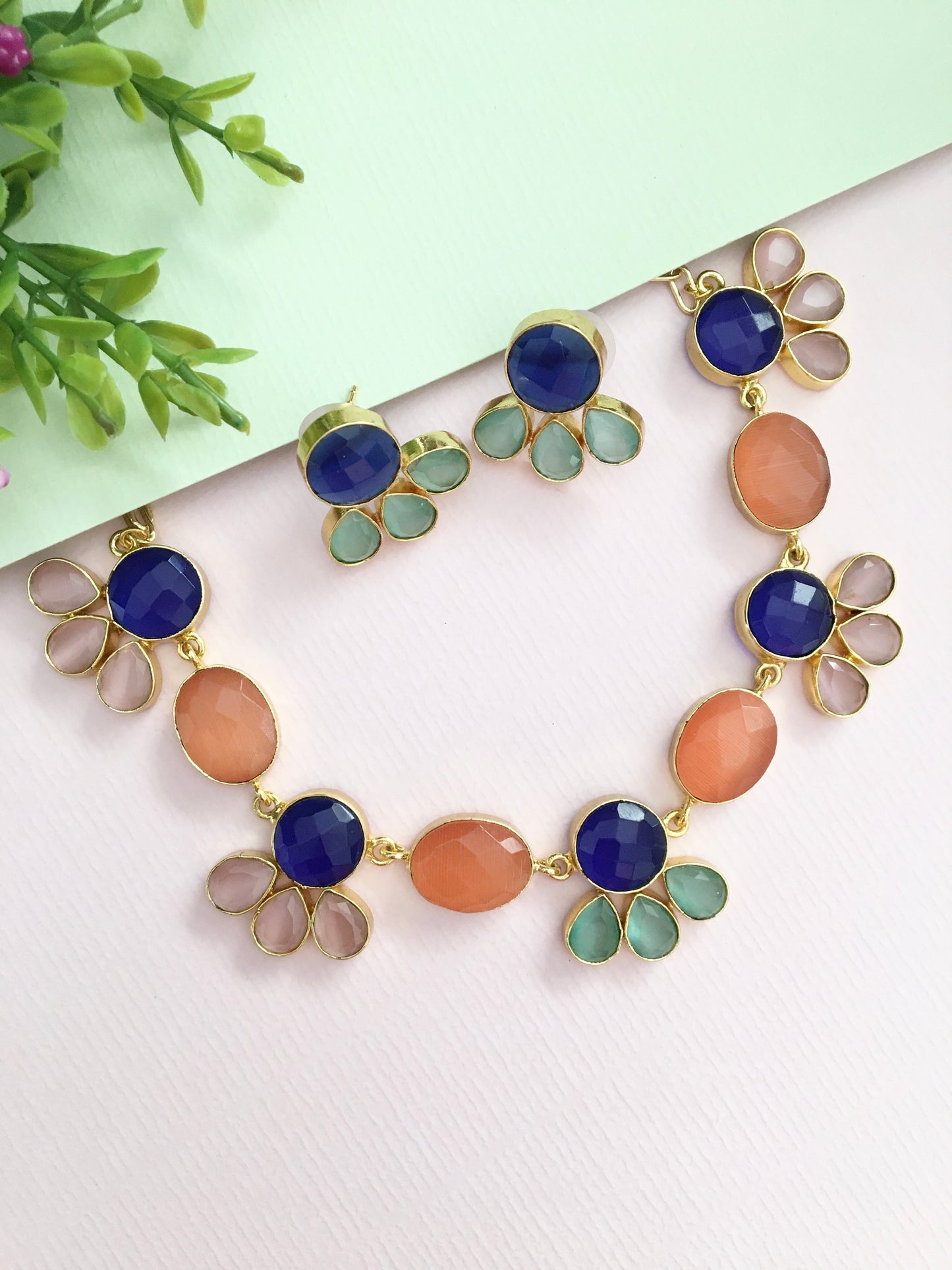 Vaidahi Glass Stone Flower Choker Necklace