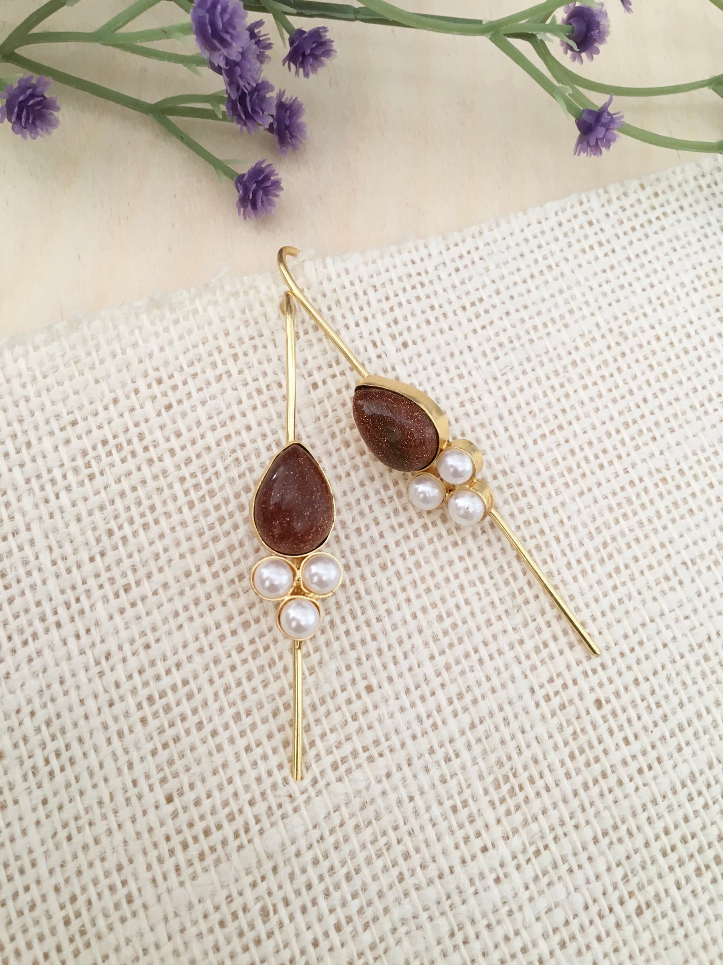 Stone and Pearl Stick Earrings