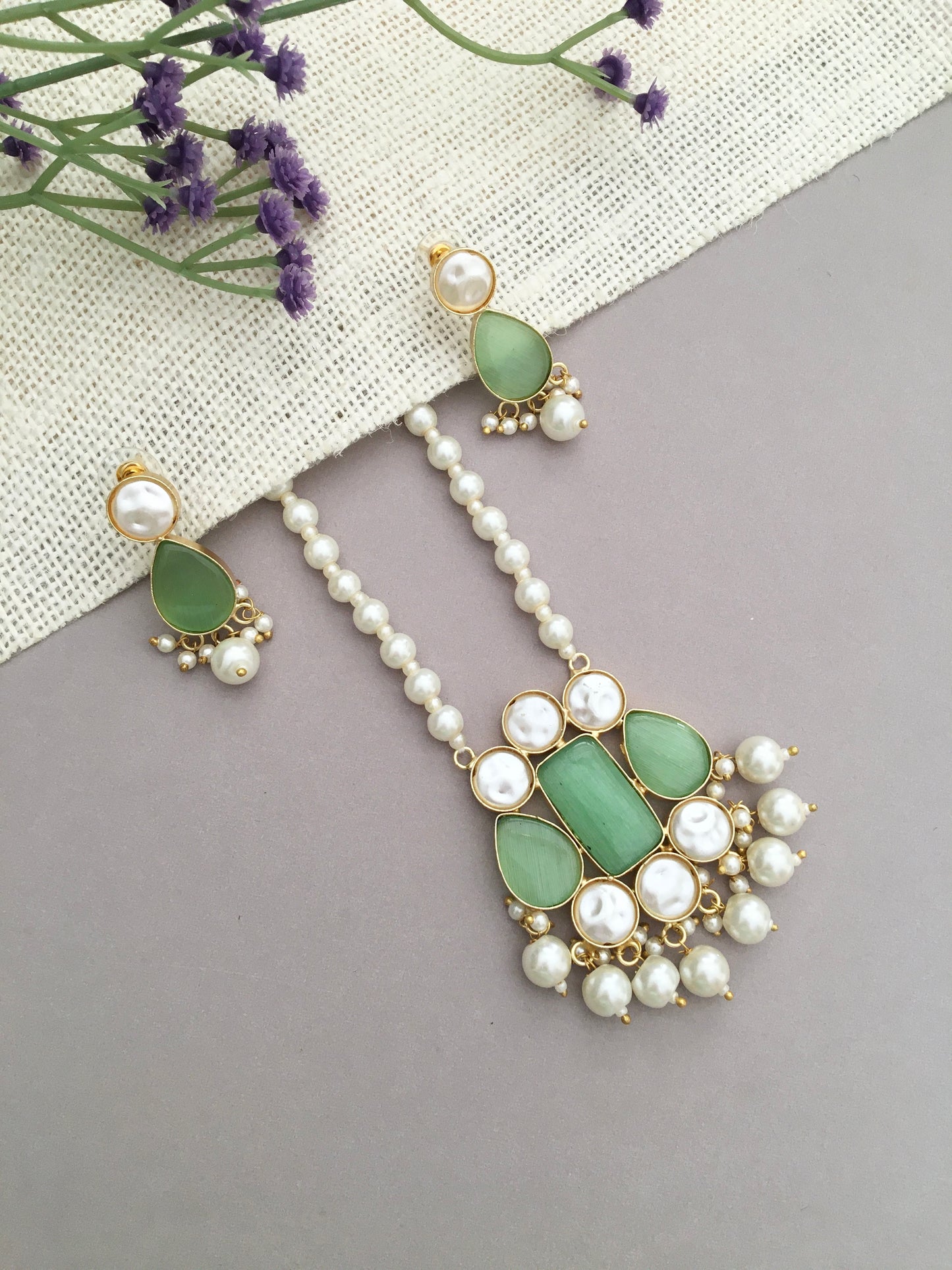 Emerald Pearl Drop Necklace Set